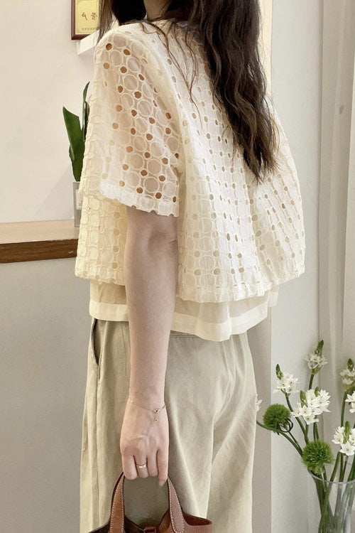 Faux two-piece spliced button-up short sleeve shirt