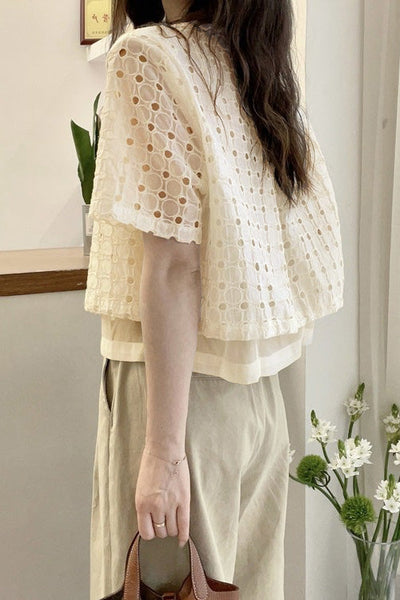 Faux two-piece spliced button-up short sleeve shirt