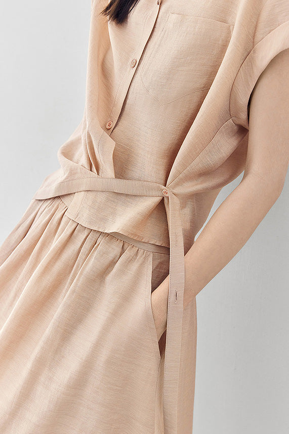 Linen button-up irregular design short sleeve shirt with A-line long skirt set