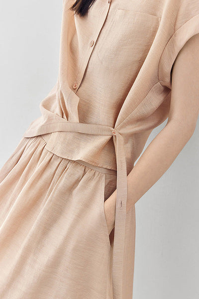 Linen button-up irregular design short sleeve shirt with A-line long skirt set