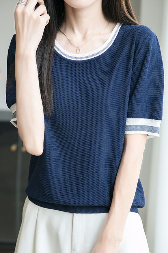 Ice silk color-blocked pullover knit top