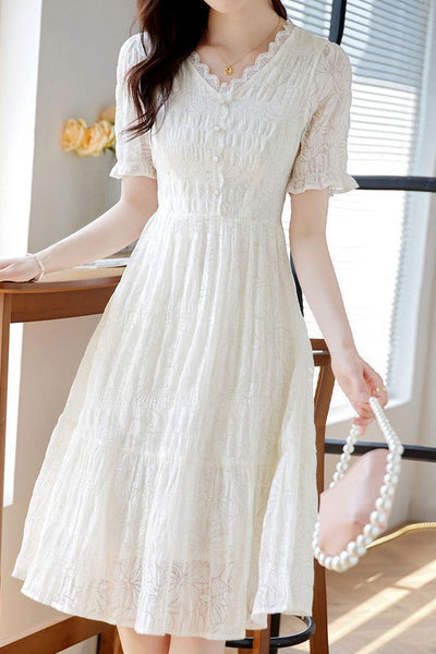 V-neck lace spliced A-line dress