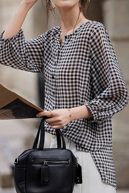 Checkered chiffon round neck button-up long sleeve sun protection shirt