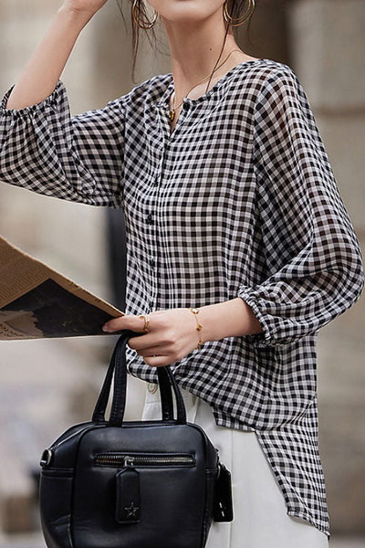 Checkered chiffon round neck button-up long sleeve sun protection shirt