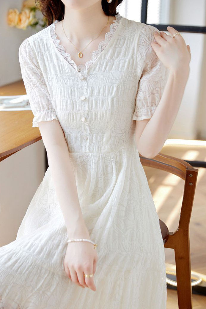 V-neck lace spliced A-line dress
