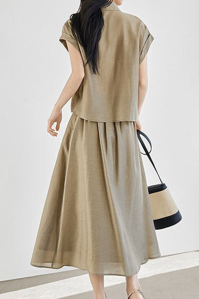 Linen button-up irregular design short sleeve shirt with A-line long skirt set