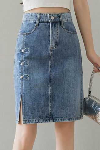Embroidered beaded high-waisted slit denim skirt