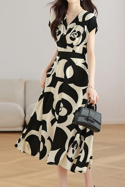 V-neck color block printed dress