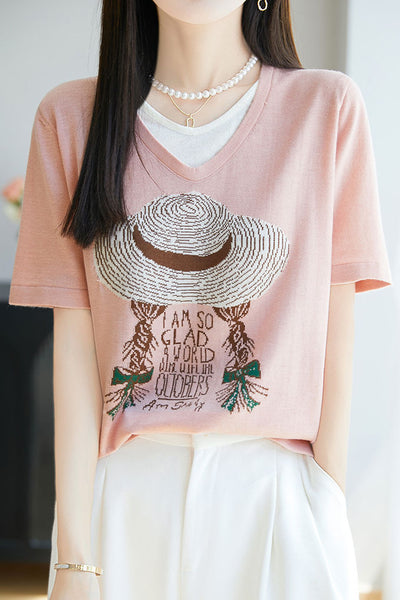 Faux two-piece V-neck short sleeve T-shirt