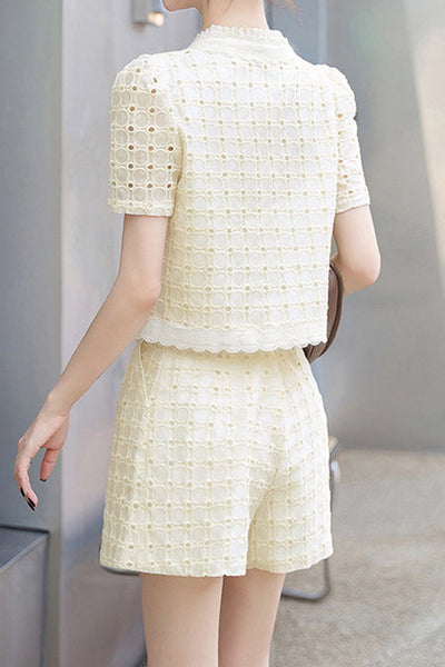 Round neck short sleeve hollow top and shorts two-piece set