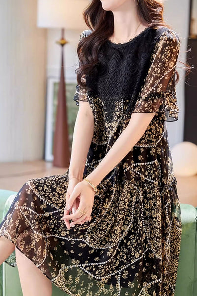 Round neck lace panel printed short sleeve dress