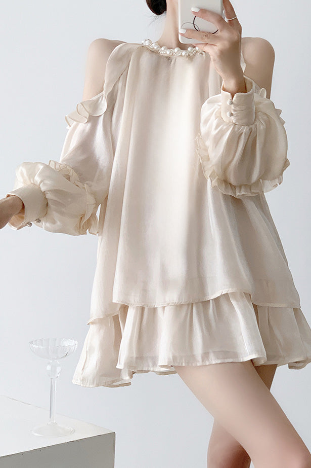 Off-shoulder halter neck dress with pearl decoration