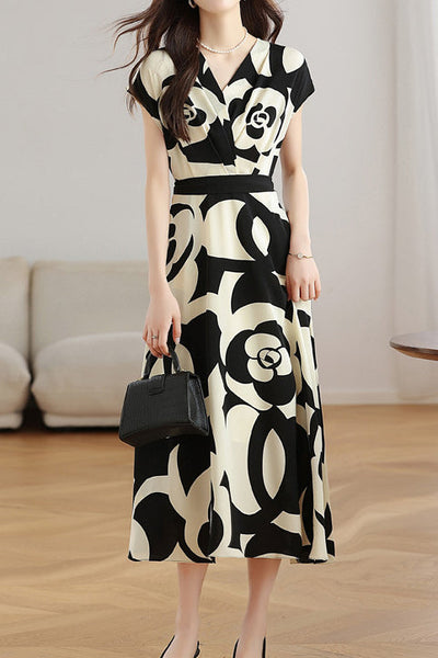 V-neck color block printed dress
