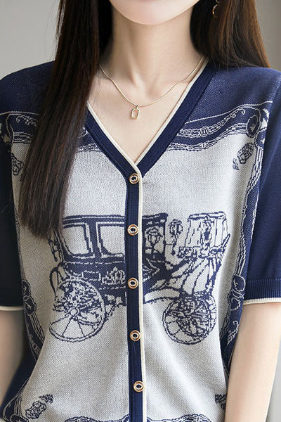 V-neck color block knit T-shirt