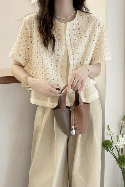 Faux two-piece spliced button-up short sleeve shirt
