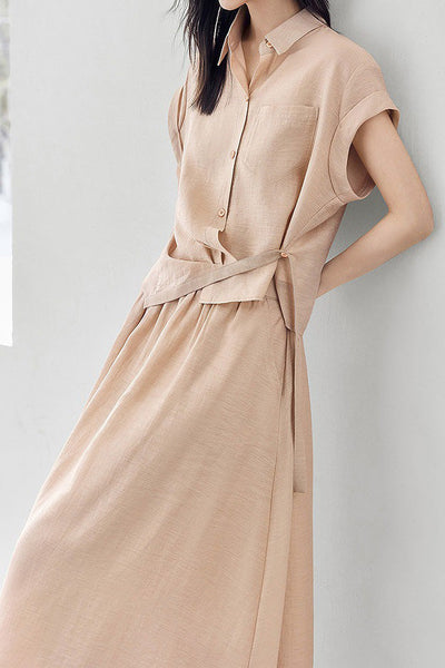 Linen button-up irregular design short sleeve shirt with A-line long skirt set