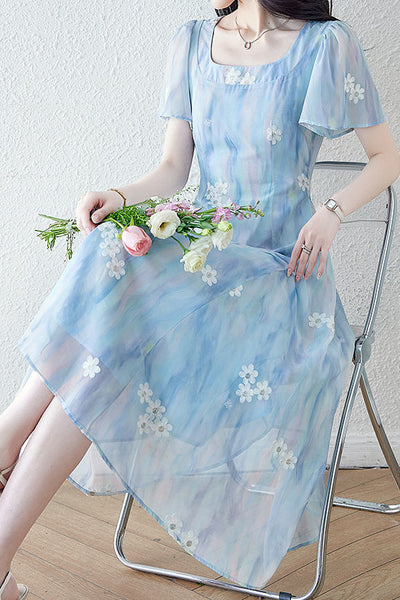 Square neck embroidered mixed color dress