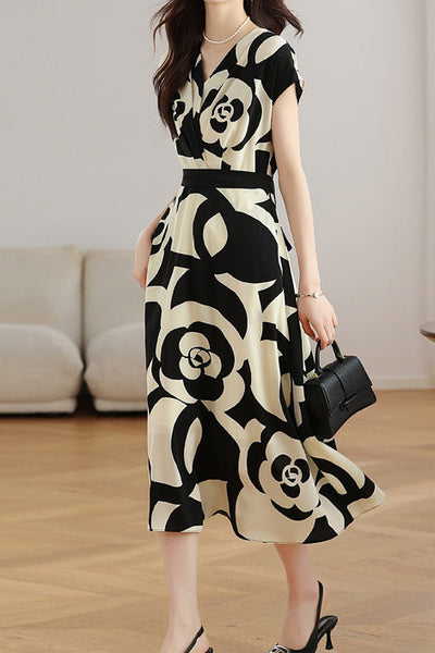 V-neck color block printed dress