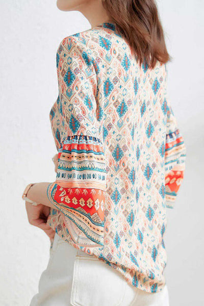 V-neck bell sleeve printed top