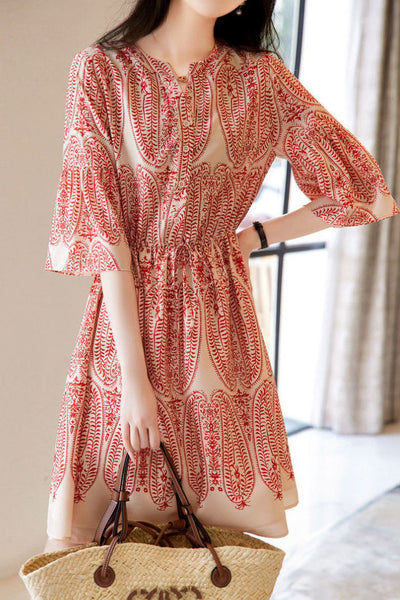 V-Neck Printed Waist-Defined Dress