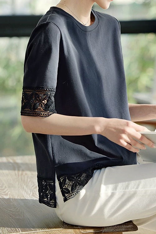 Hollow lace solid color T-shirt