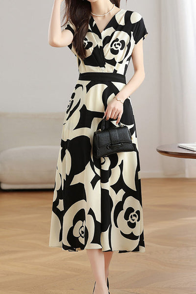 V-neck color block printed dress