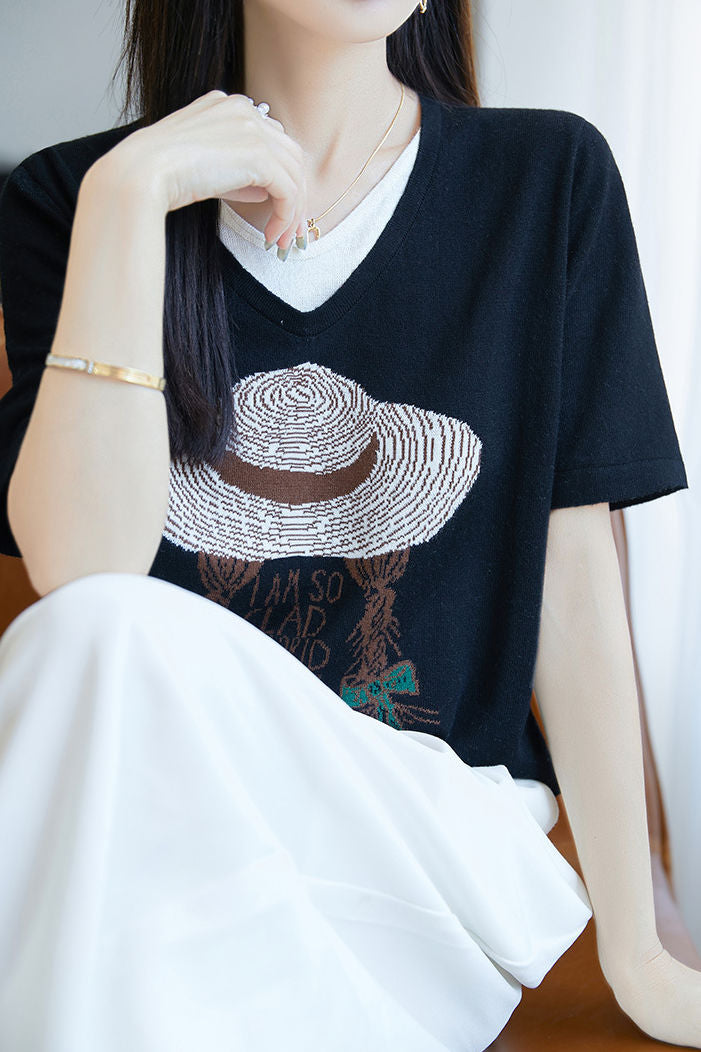Faux two-piece V-neck short sleeve T-shirt