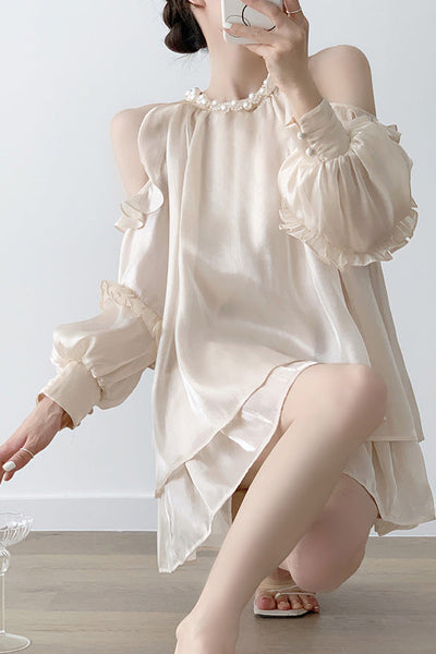 Off-shoulder halter neck dress with pearl decoration