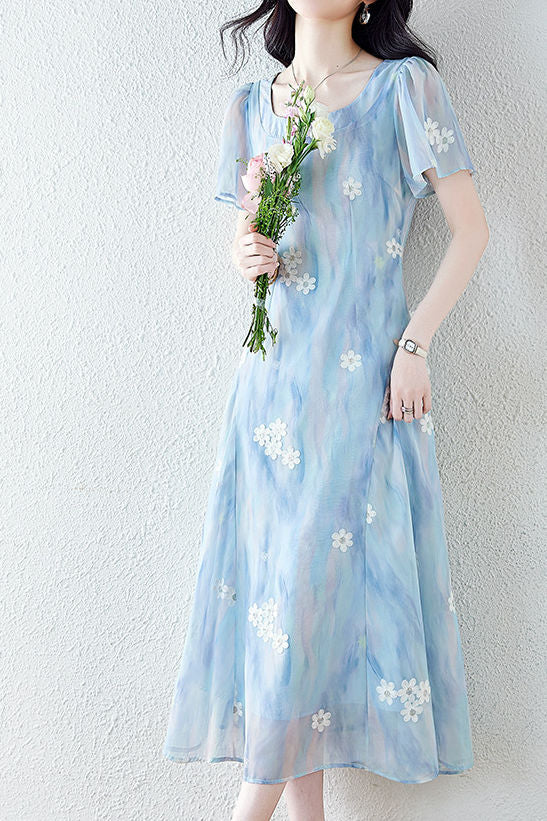 Square neck embroidered mixed color dress