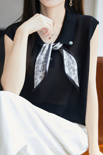 Collared scarf half-button sleeveless knit T-shirt