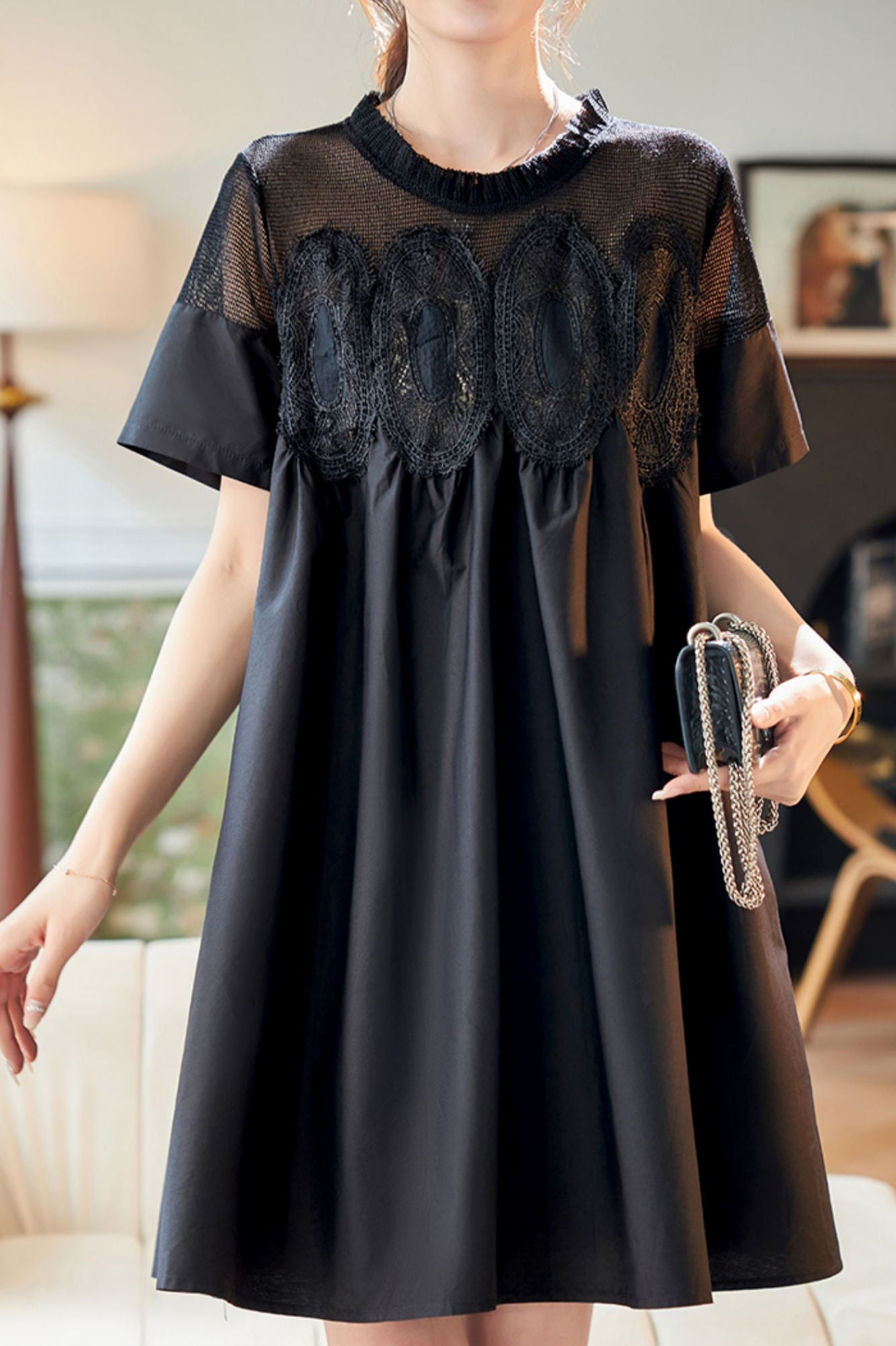 Lace and mesh spliced A-line dress