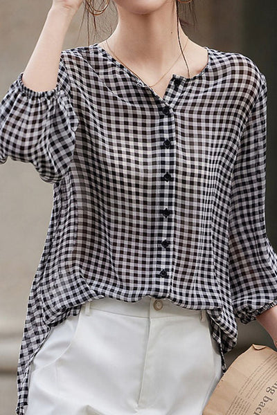 Checkered chiffon round neck button-up long sleeve sun protection shirt