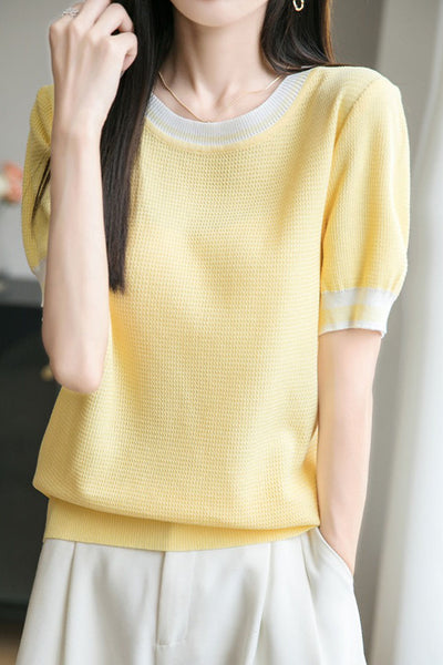 Ice silk color-blocked pullover knit top