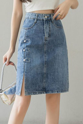 Embroidered beaded high-waisted slit denim skirt