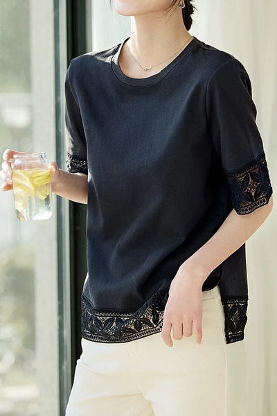 Hollow lace solid color T-shirt