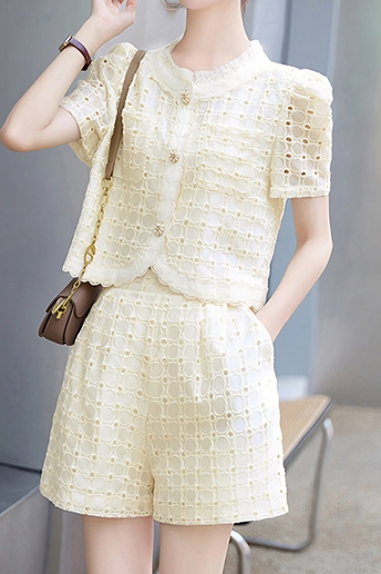 Round neck short sleeve hollow top and shorts two-piece set