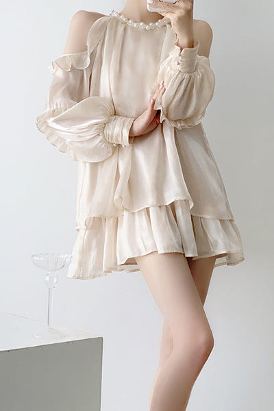Off-shoulder halter neck dress with pearl decoration