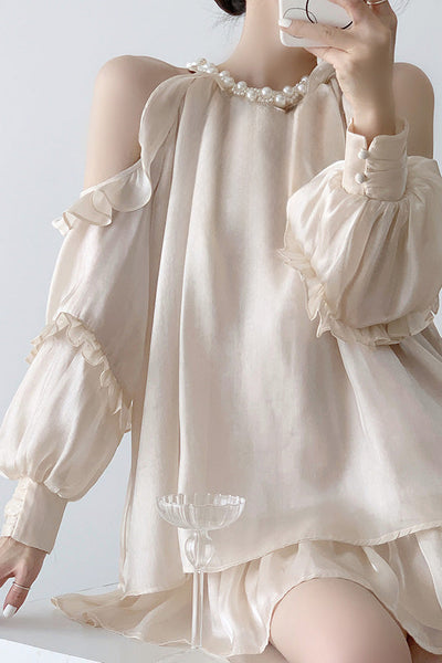 Off-shoulder halter neck dress with pearl decoration