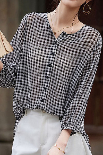 Checkered chiffon round neck button-up long sleeve sun protection shirt