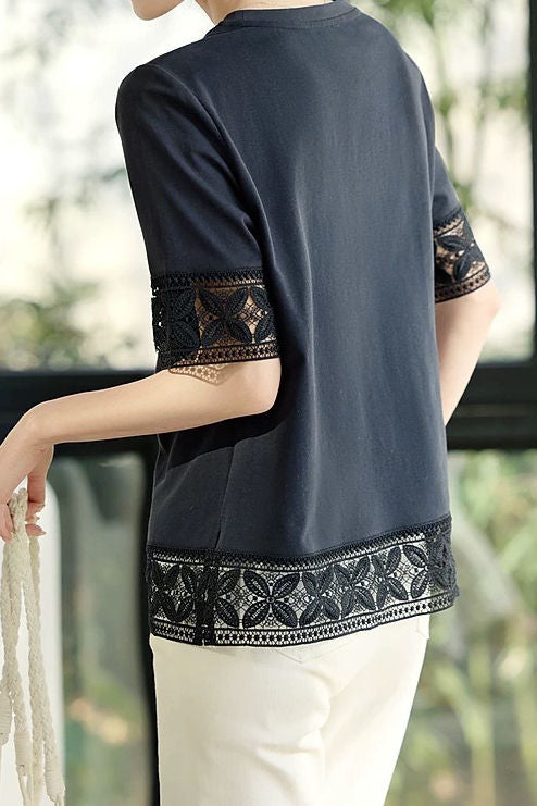 Hollow lace solid color T-shirt