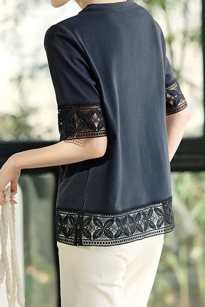 Hollow lace solid color T-shirt