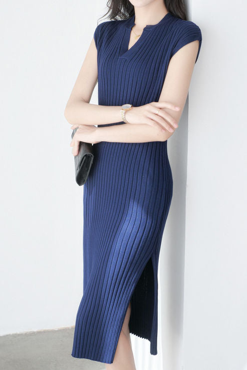 V-neck cap sleeve fitted dress with side slits in ribbed knit