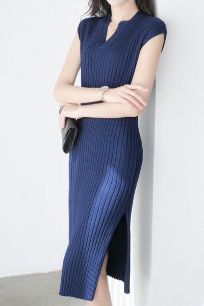 V-neck cap sleeve fitted dress with side slits in ribbed knit