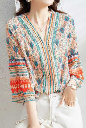 V-neck bell sleeve printed top