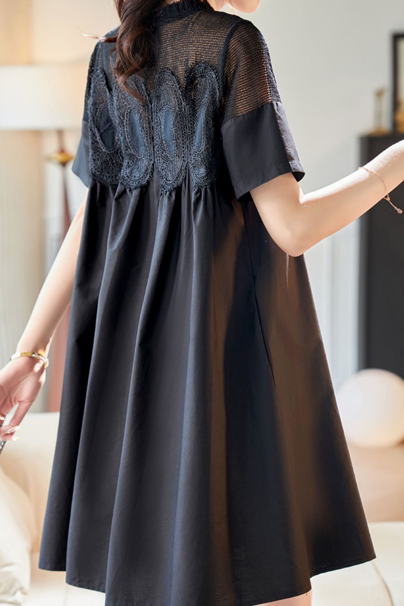 Lace and mesh spliced A-line dress