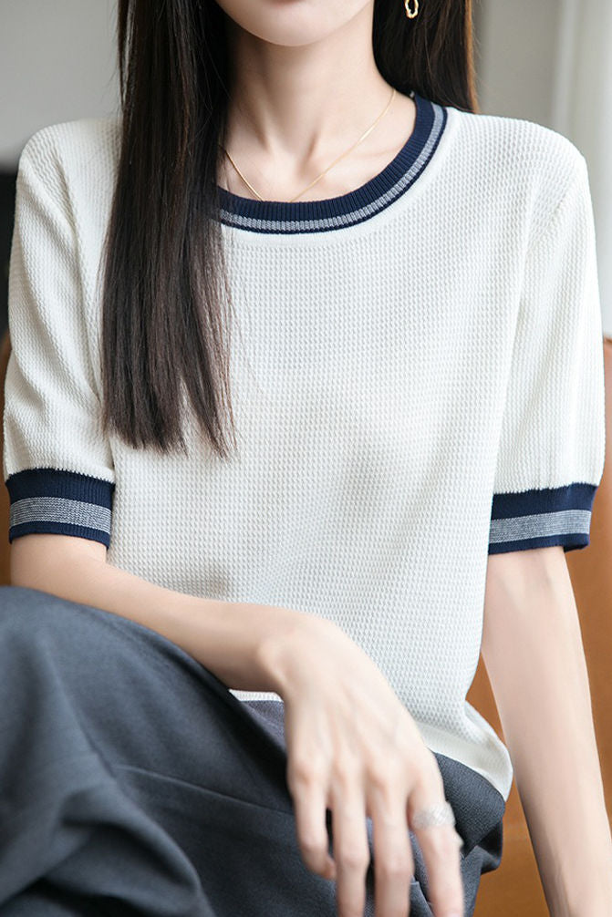 Ice silk color-blocked pullover knit top
