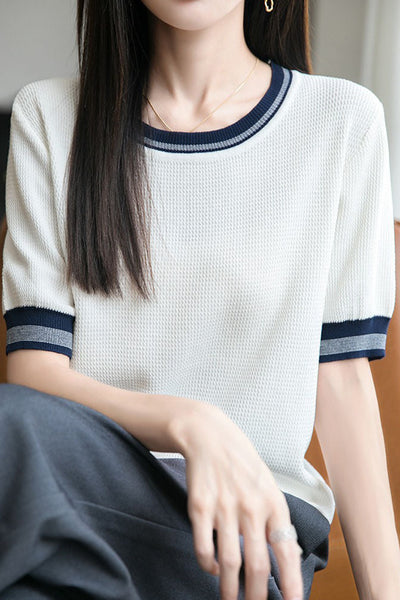 Ice silk color-blocked pullover knit top