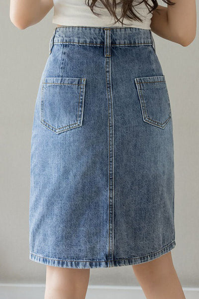 Embroidered beaded high-waisted slit denim skirt