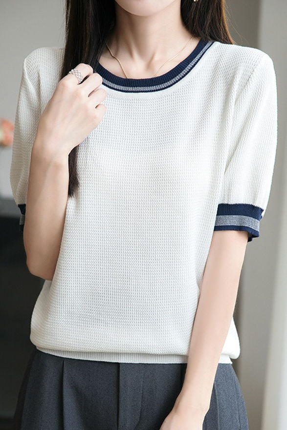 Ice silk color-blocked pullover knit top