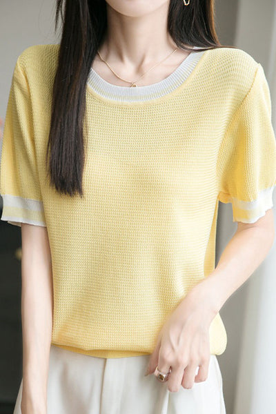 Ice silk color-blocked pullover knit top